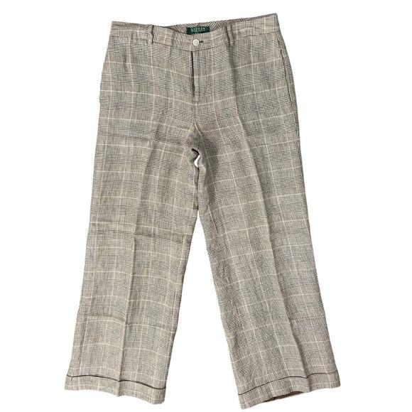 Lauren Ralph Lauren Plaid Brown Cream Linen Mid Rise Cuffed Pants size 10 P - Picture 1 of 9